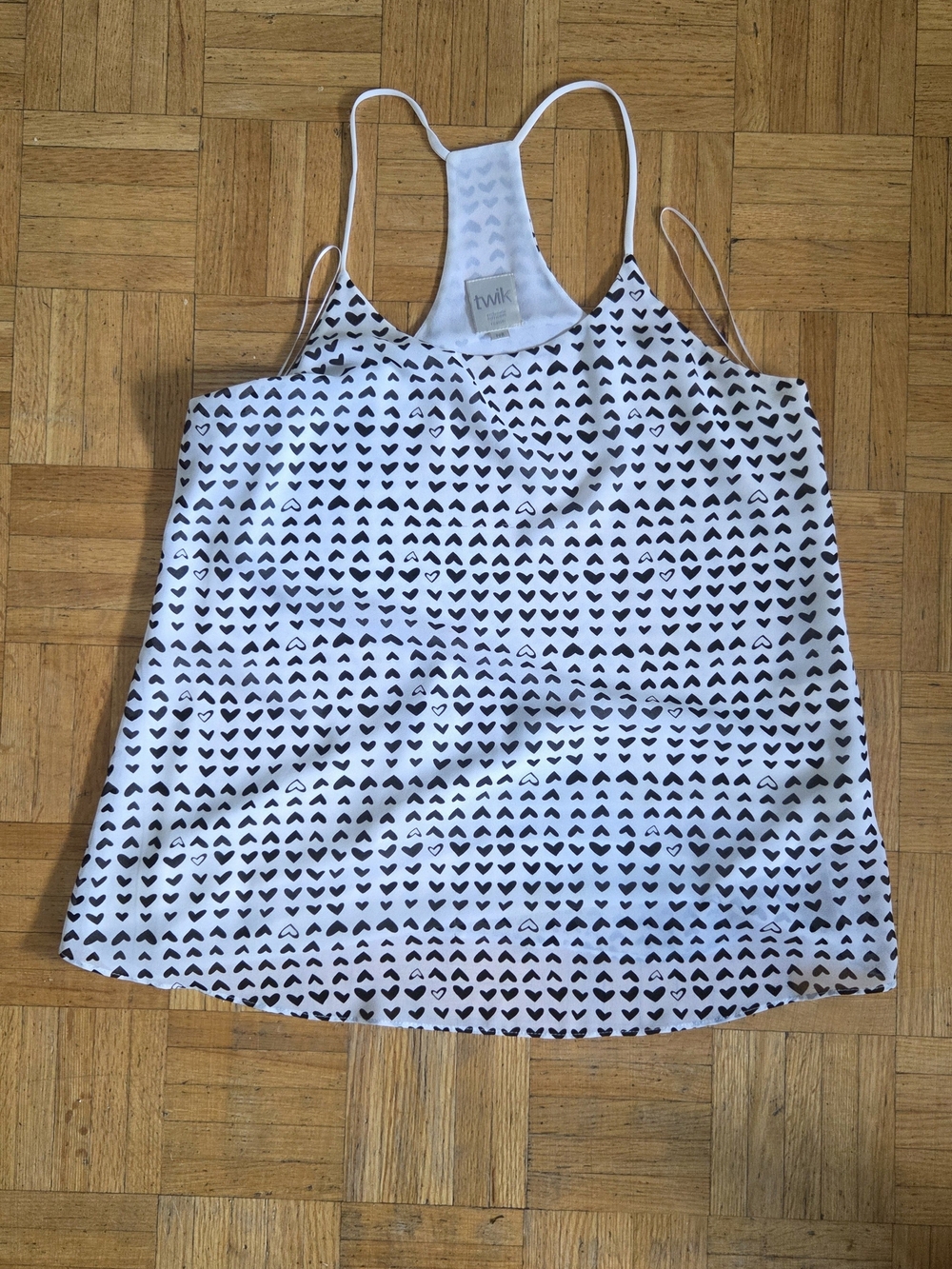twik White Tank with Black Heart Print Women's SMALL